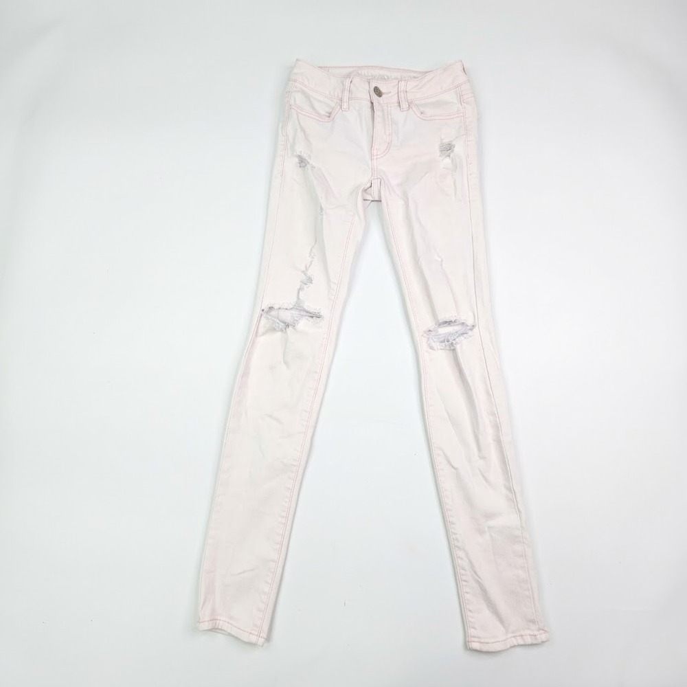American Eagle Jeggings Women 00 Pink Super Stretch Ripped Distressed Denim